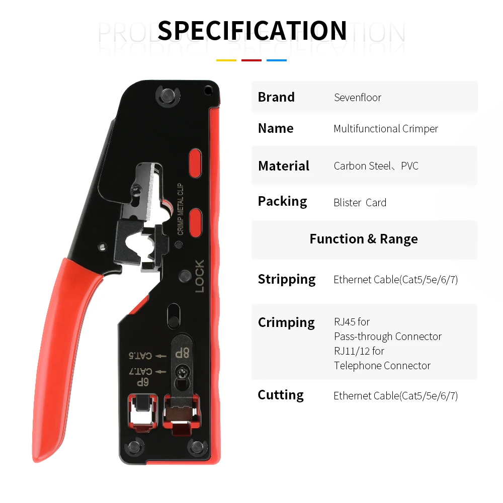 Professional RJ45 Pass Through Crimping Tool for Cat7 Cat6 Cat5e Cable with Stripper Cutter Network Crimper