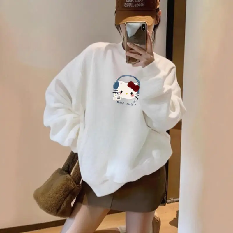 Miniso جديد لطيف الكرتون مرحبا كيتي طباعة سترات قطنية عالية الجودة للنساء الخريف الشتاء طويلة الأكمام البلوز عادية للجنسين Y2K القمم #2