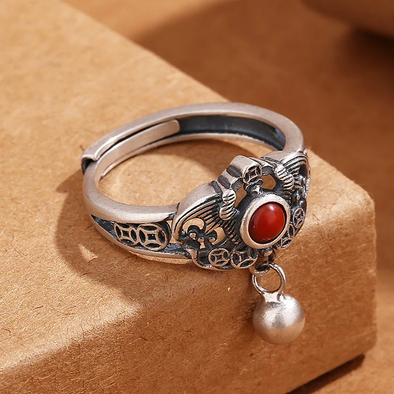 

Vintage Thai Silver Plated South Red Ring Female Hollow Pattern Water Drop China-Chic Open mouthed Index Finger Handwear