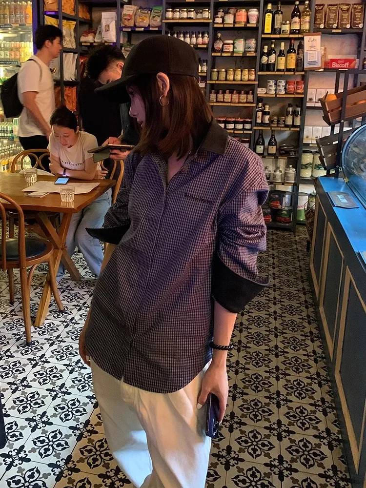 

Korean 2000s Shirt Women Patchwork Plaid Casual Shirts Long Sleeve Y2k Japanese Shirts And Blouses Vintage Unique Tops