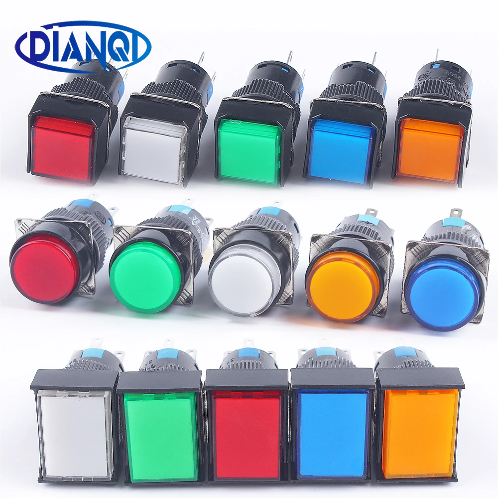 16mm chwilowe podświetlane diodami LED utrzymujące samoblokujące przełączniki przyciskowe 12V 24V 220V 1NO1NC 2NO2NC ze światłem/bez lampy LED