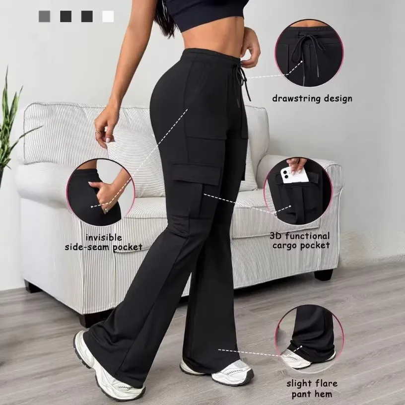 

Summer Women Pants High Waist Drawstring Trousers Cargo Pocket Flared Hem Wide Leg Pants Black Solid Color Utility Pants