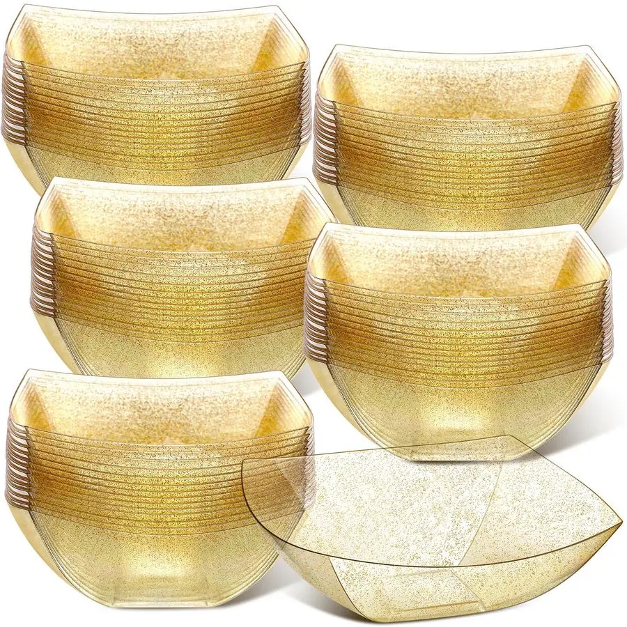

50 Pcs Gold Glitter Square Plastic Serving Bowls Disposable Snack Salad Bowl Small Party Candy Bar Containers Taco Bar Serving D