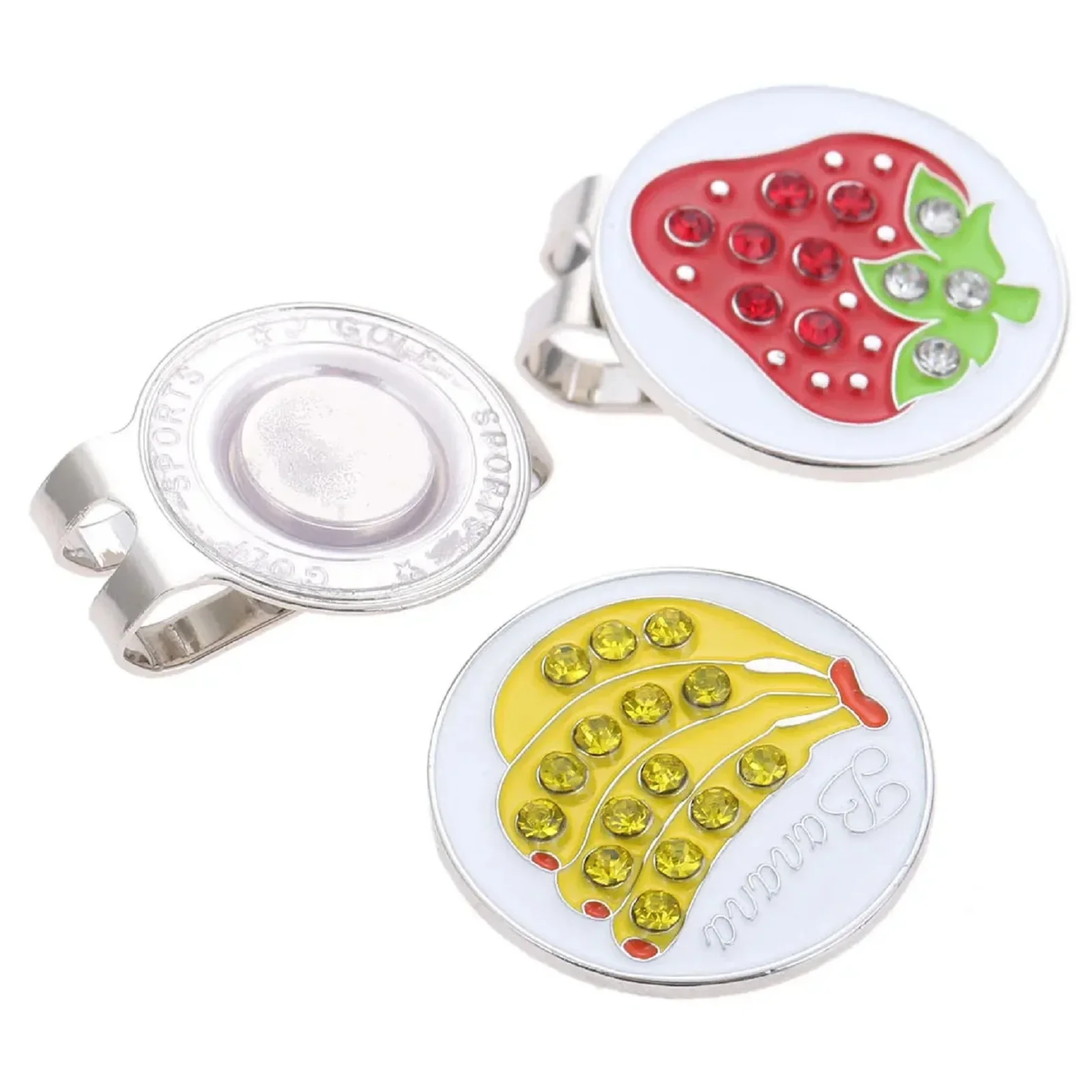 1Pc Zinc Alloy Bling Rhinestone Fruit Pattern Golf Ball Aiming Marker Alignment Tool & Golf Hat Clip Decoration Cap Clips 25mm