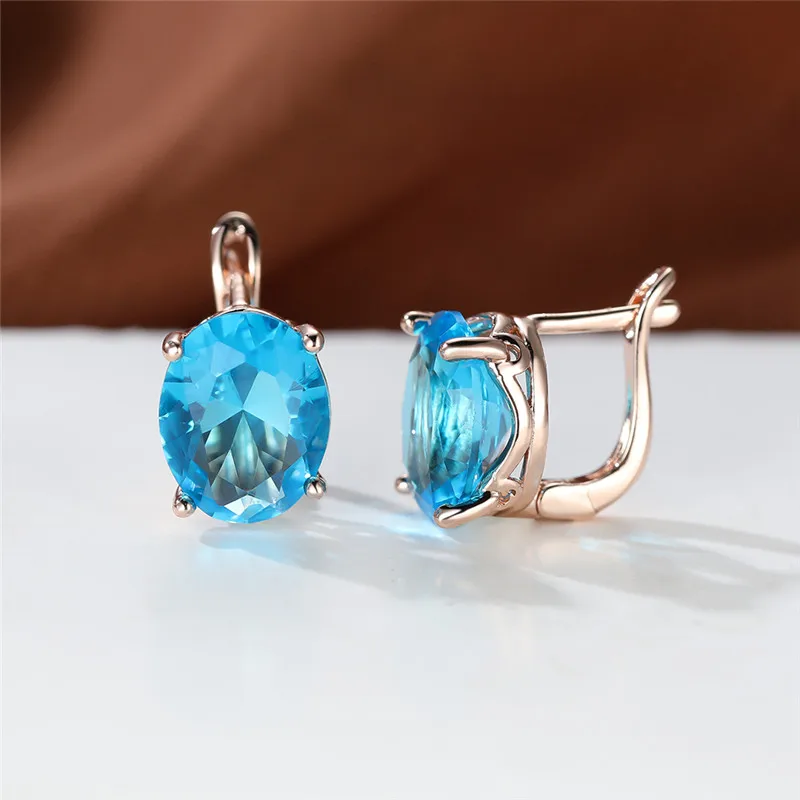 Crystal Female Light Blue White Oval Stone Hoop Earrings Rose Gold Color Multicolor Zircon Fashion Wedding Jewelry For Women - view 2