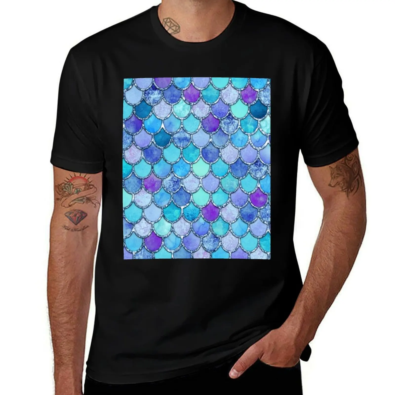 Colorful Blues Mermaid Scales T-Shirt plain oversized t shirt mens shirts graphic tee