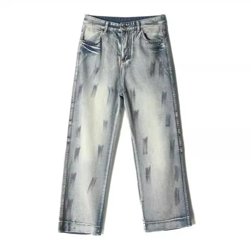 

Корейские мужские джинсы в стиле ретро, свободные прямые брюки, модные широкие брюки с брызгами чернил, повседневные брюки
