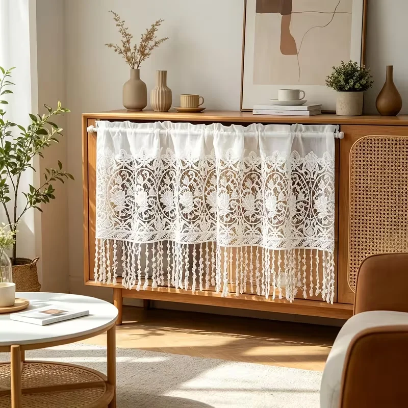 1pc Crochet Lace Tier Curtain, Hollow‑Out Tassel Short Valance Curtain for Cabinet Small Window Home Decor