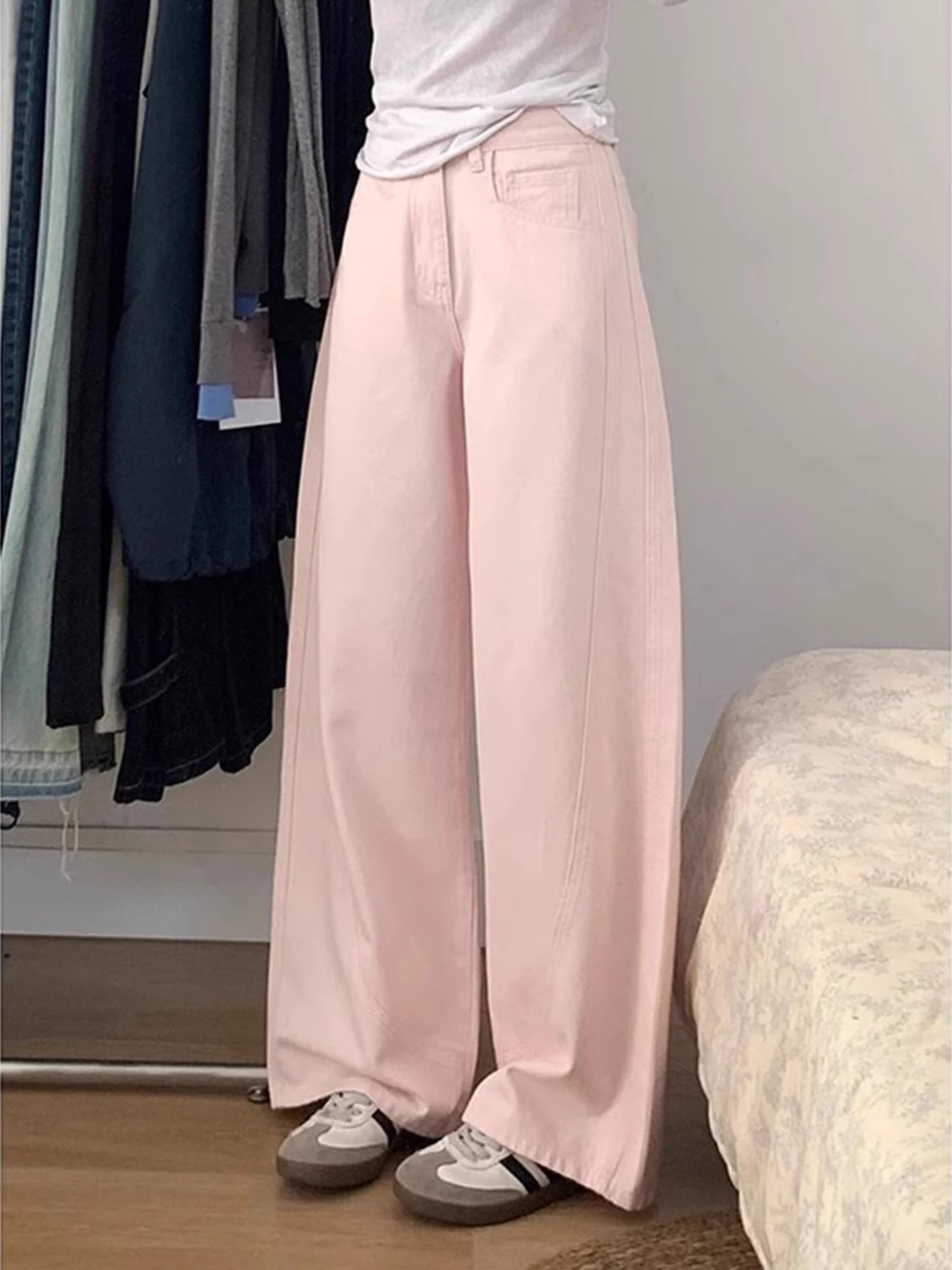 블루 와이드 레그 진 여성용 루즈 스트레이트 컷 슬리밍 하이웨이스트 바지 가을 겨울 봄 시즌 하이웨이스트 와이드 레그...