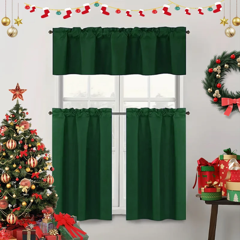 Christmas Solid Color Curtains, Kitchen Curtains W106cm x H30cm 1PC, W132cm x H61cm 1PC, W70cm x H132cm 2PCS