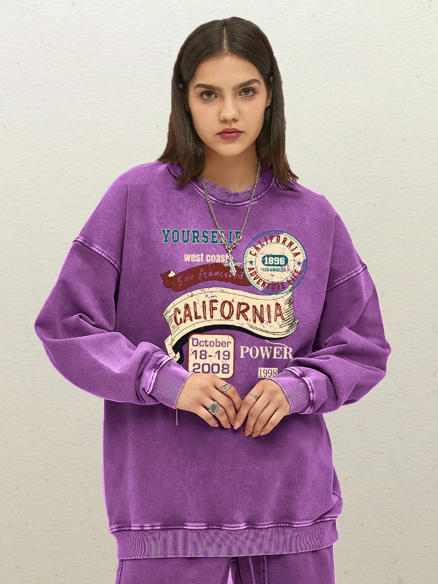 California Yourself Letter Design Womens Washed Cotton Sportswear Fashion Loose Sweatshirts Autumn Top Crewneck Clothing