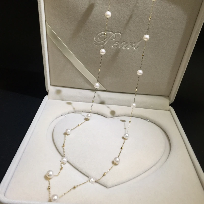 KUGG 18K Yellow Gold Necklace 6-7mm Natural Freshwater Pearl 95cm Overlength Chain Foldble and Wearzble Party Jewelry for Women
