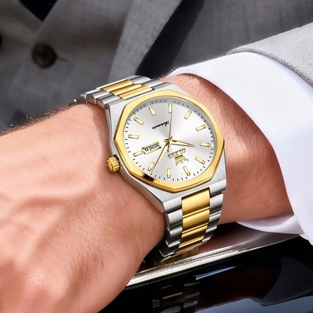 OLEVS Luxury Business Automatic Mechanical Watch for Men Original Octagon Case Stainless Steel Wristwatch Date Luminous