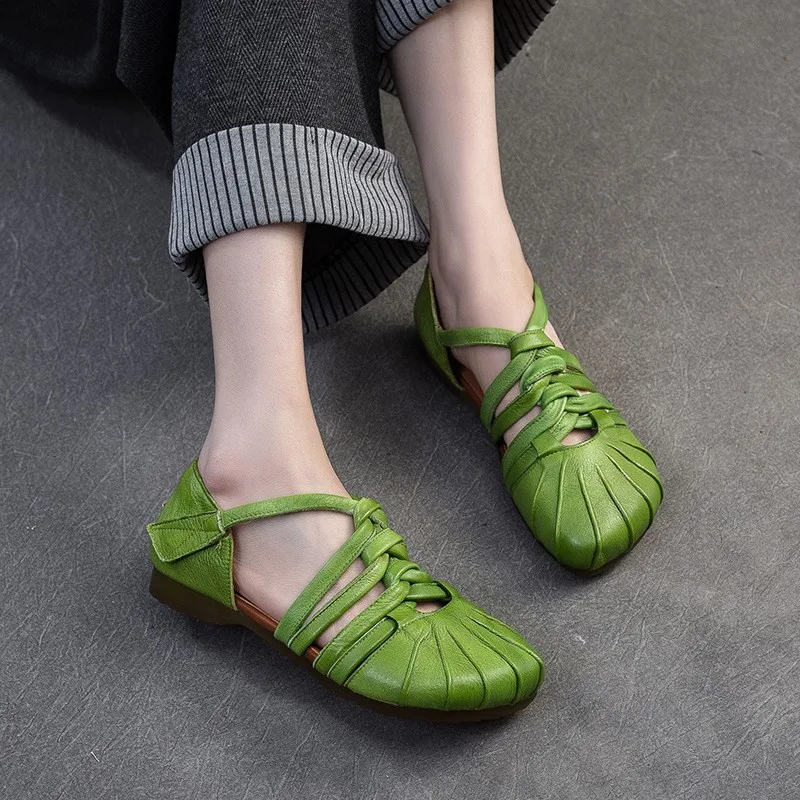 

GKTINOO 2025 Summer New Cowhide Roman Sandals Retro Genuine Leather Weaving Hollow-out Women's Flat Shoes