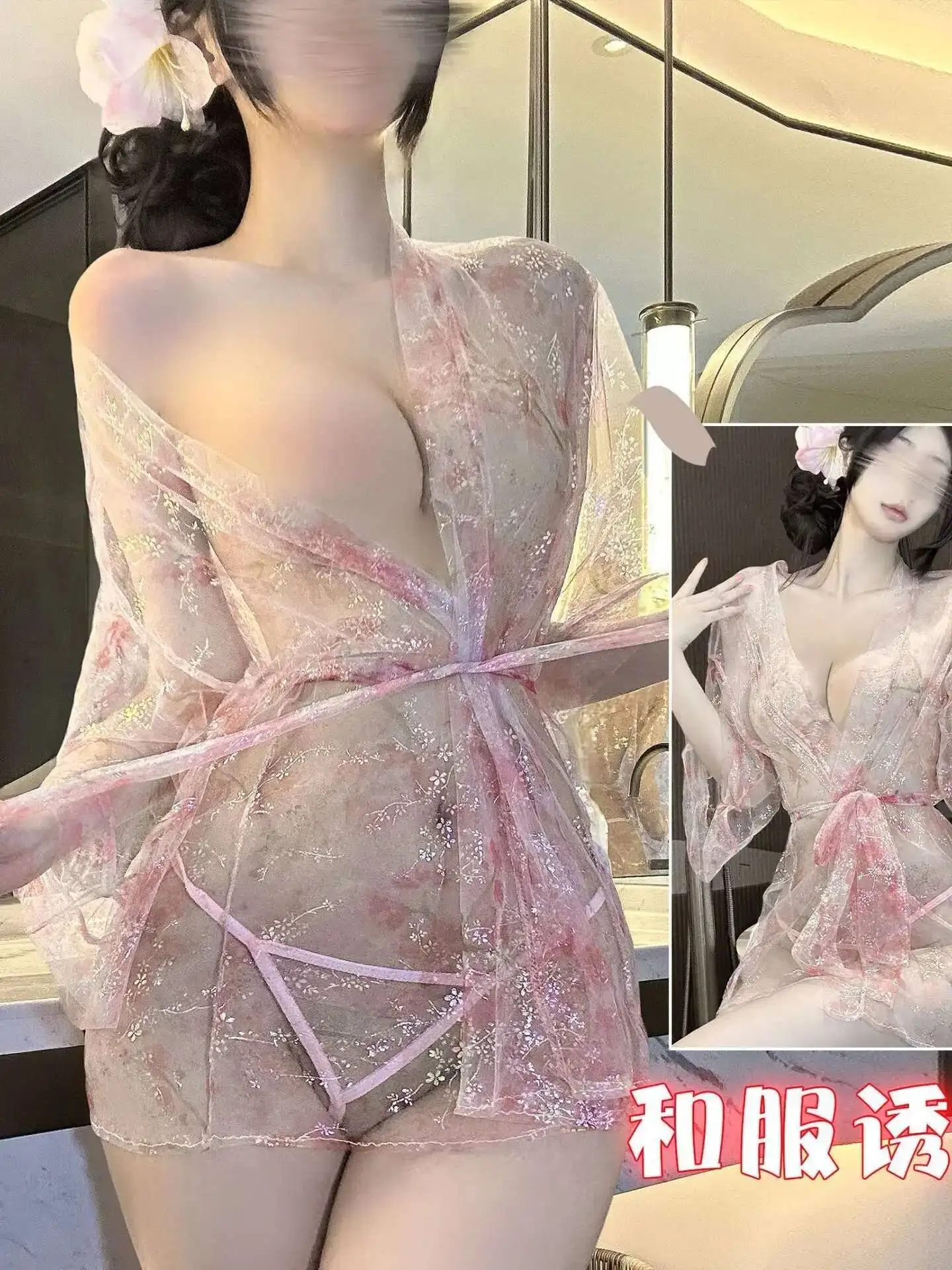 Erotic Sexy Deep V Neck Shoulder Cardigan Perspective Sheer Mesh Lace Hot Printed Kimono Bathrobe Dress Elegant Sweet Tops KHB5