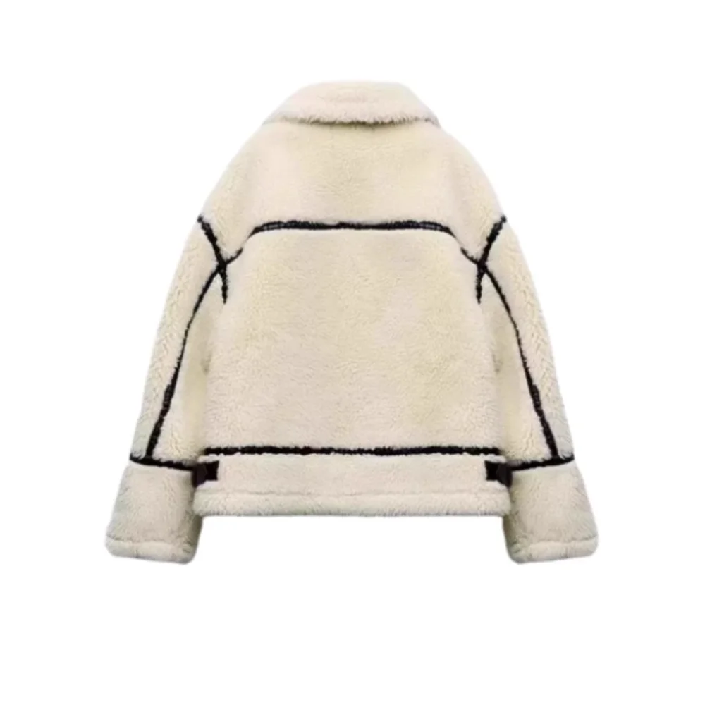 PB&ZA 2023 Autumn/Winter New Versatile Contrast Color Fur Integrated Lamb Fleece Warm Thickened Jacket Coat for Women