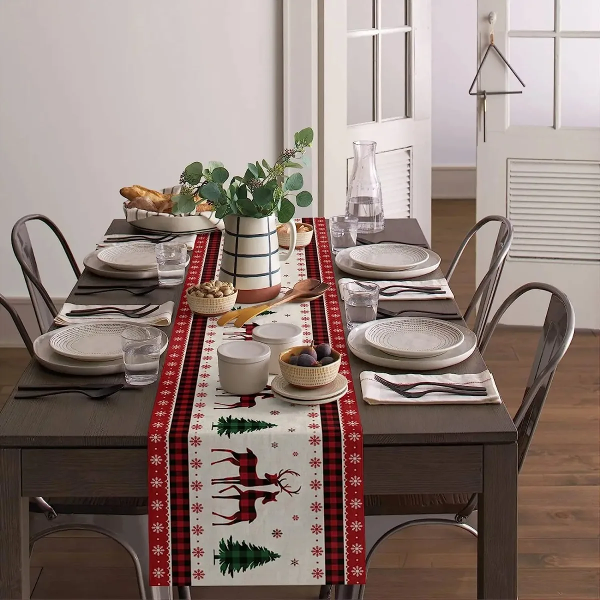 Christmas Elk Deers Snowflakes Red Plaid Linen Table Runners Holiday Party Decoration Farmhouse Navidad Decoration