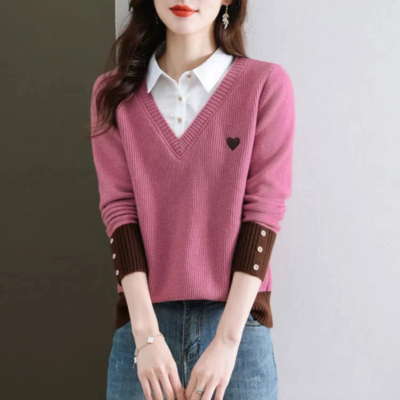 Office Lady Spring Autumn Women's Clothing Pullover Long Sleeve Turn-down Collar Buttoned Sweater Knitted Fake Two Pieces Tops