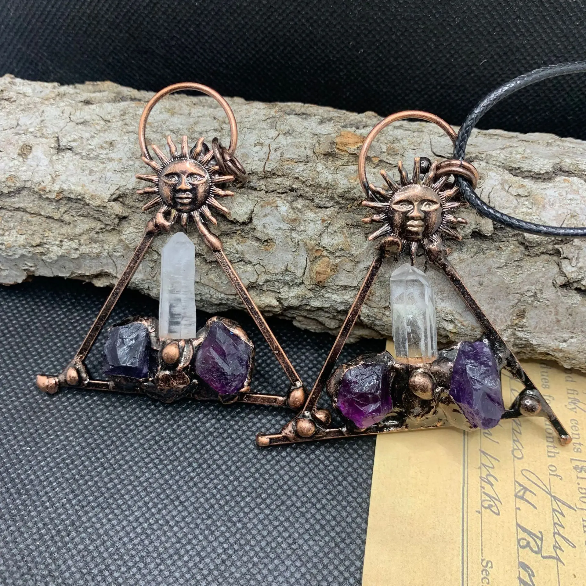 Vintage Antique Bronze Sun God Triangle Pendant Natural Raw Amethyst Clear Quartz Point Lucky Necklace For Women Men Spiritual