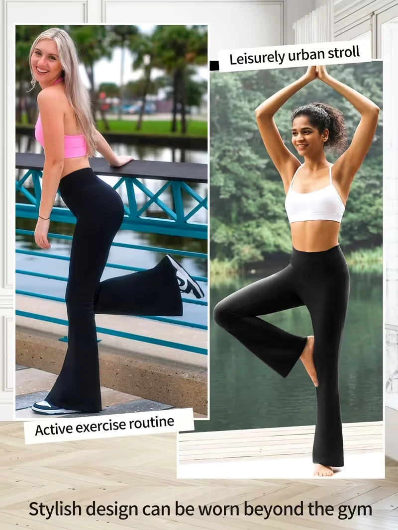 Pantalones de yoga de pierna ancha y cintura alta para mujer, estilo de pierna ancha elástico a media cintura, ropa de talla grande, pantalones y capris, ropa de mujer