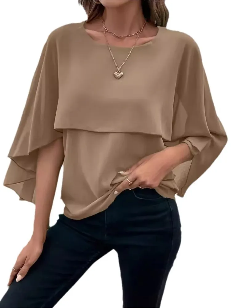 بلوزة فضفاضة غير رسمية بلون واحد للسيدات موضة ربيع الخريف برقبة دائرية وأكمام عباءة ذات طبقات قميص نسائي بسيط متعدد الاستخدامات #4