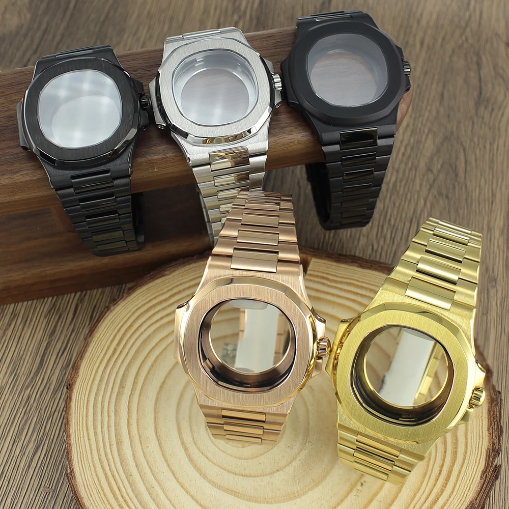 

40mm Square Brushed Watch Case Stainless Steel Strap Accessories For Nautilus Seiko NH35 NH36 NH38 4R35 Movement Sapphire Glass
