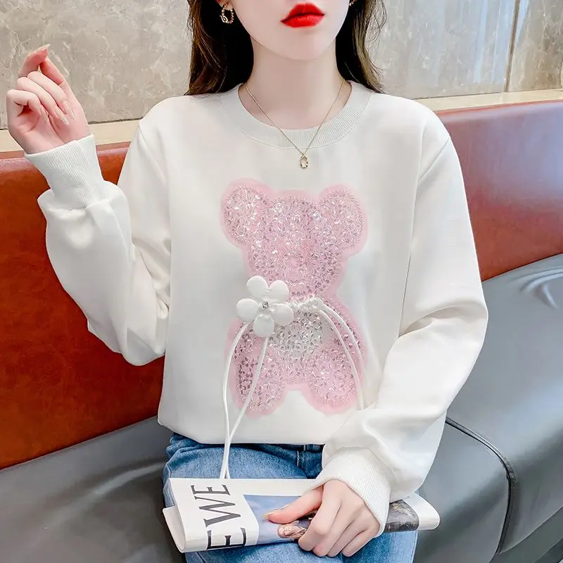 Fashion O-Neck Spliced Lace Up Sequined Cartoon Blouses Female Clothing 2024 Autumn Winter New Loose Sweet Tops Korean Shirts