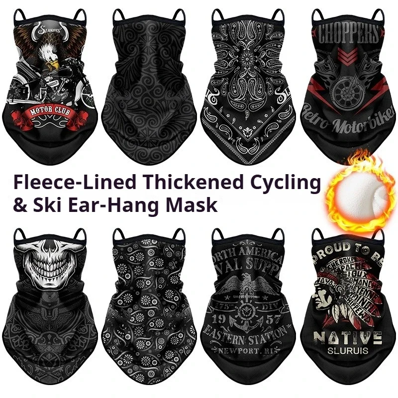 Winter Fleece Warm Ear Loops Face Neck Gaiter Vintage Retro Print Windproof Cold Resistant Thermal Face Cover For Motorcycle