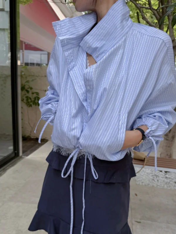 Loose Long Sleeve Striped Shirt Women's Korean Style Casual Outerwear Top Drawstring Design Autumn Fashion for Various Occasions