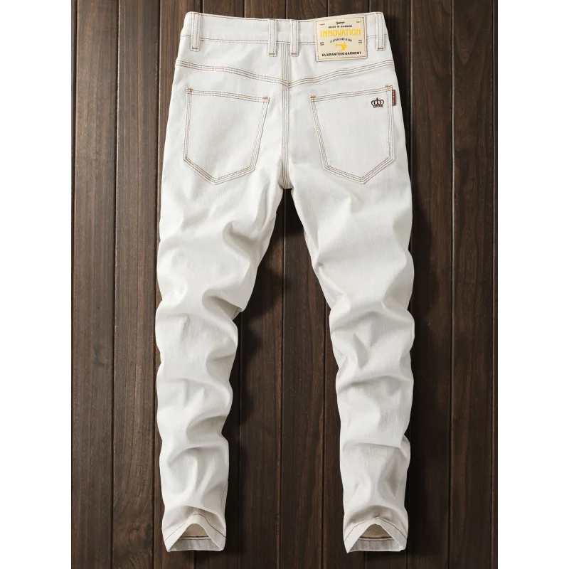 

Новинка 2025 года, мужские белые джинсы высокого класса, простые и универсальные повседневные длинные брюки стрейч