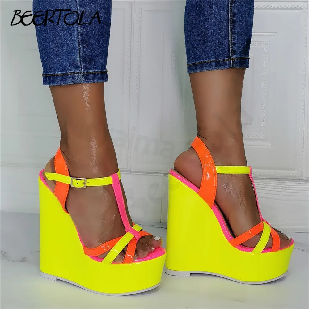 

Women's Fashion Colorblock Sandals Yellow High Platform Wedge Heel Open Toe High Heel Sandals T Strap Casual Large Size Sandals