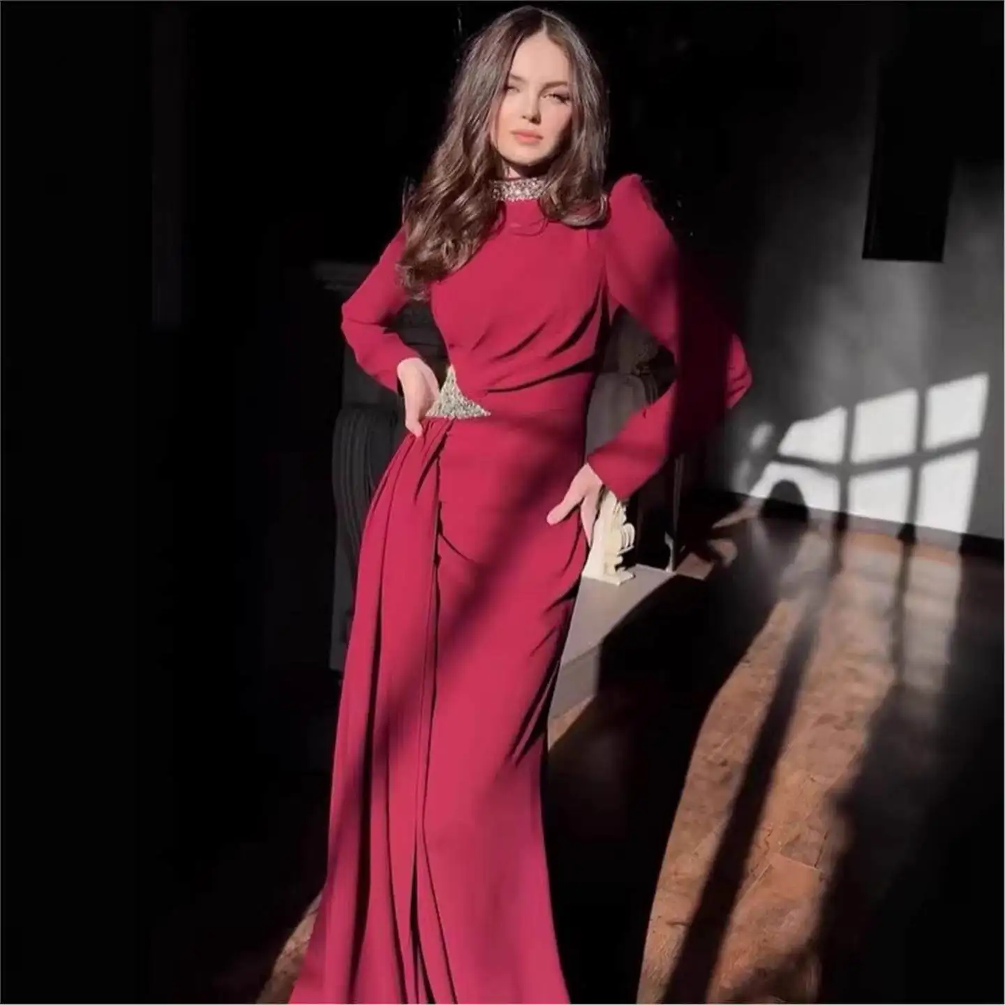 

Elegant Long Elegant Waist-Cinching Sequin Dress New 2026 Cross-Border Fashionable Mid-Waist Step-Hem Long Sleeve Casual Dress