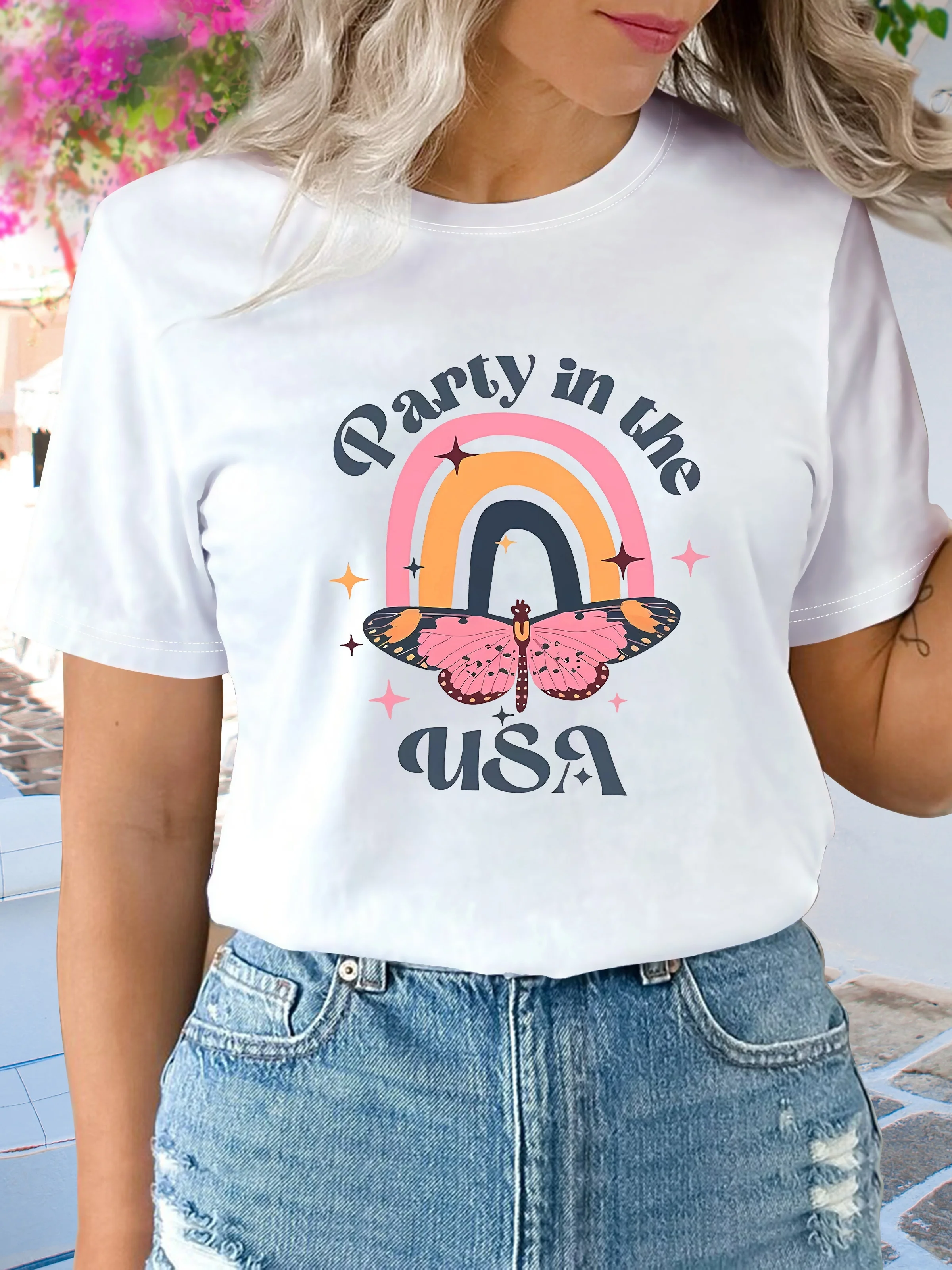 

Women's Casual T-Shirt With "Party In The USA" Butterfly & Stars Print, , party malbon golf
