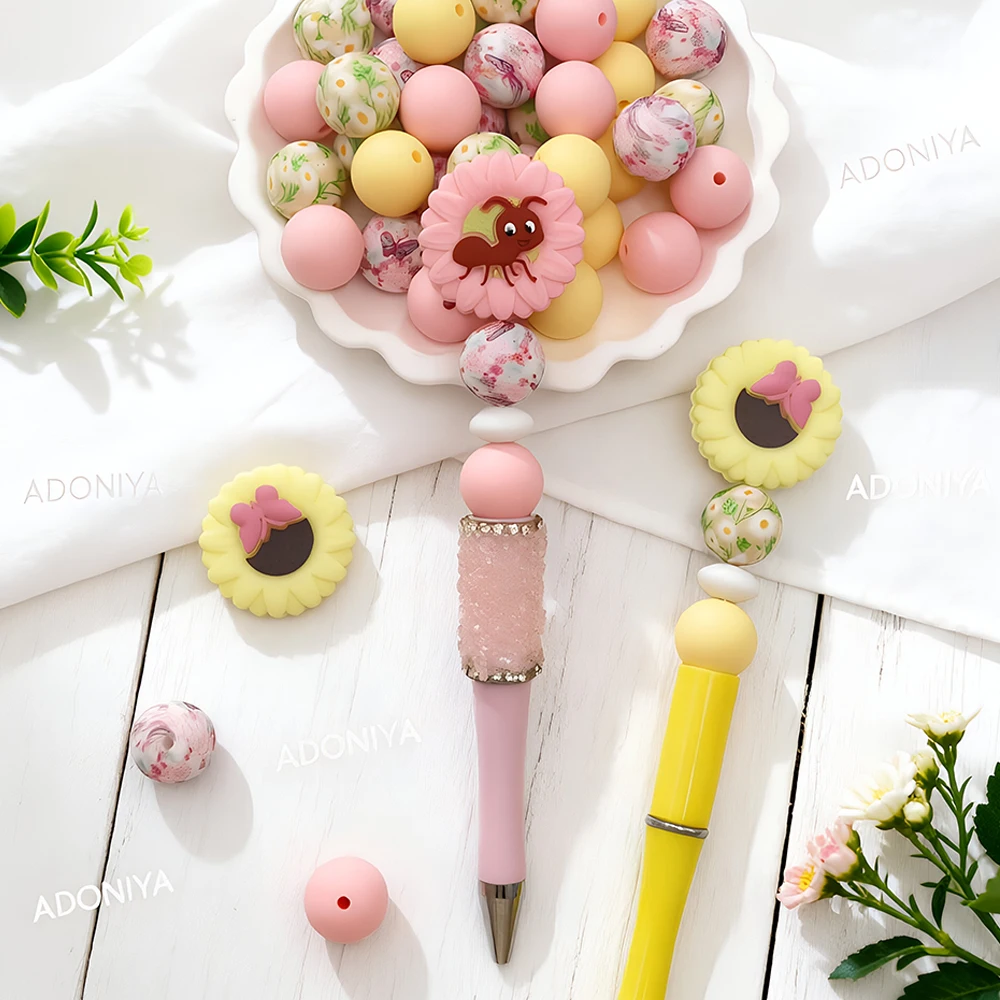 34Pcs Insect Daisy Theme Silicone Beads Set DIY Beaded Necklace Bracelet Decoration Pen Jewelry Pendant Etc. Holiday Birthday Gift