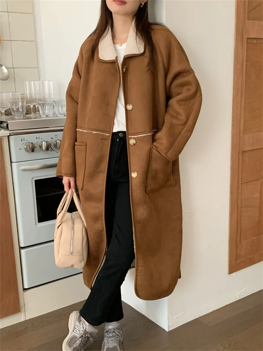 

Alien Kitty Winter Casual Long Trench Women Chic Lamb Wool Daily 2023 Straight Slim New Loose Office Lady Vintage Warm Coats