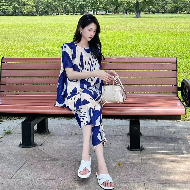 Plissado sênior sentido calças finas terno roupas femininas temperamento moda impressão elegante terno de duas peças 2025 verão novo