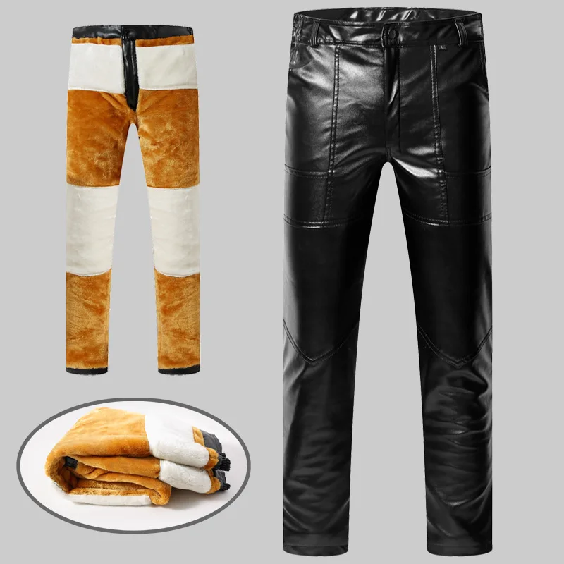 

Winter Steampunk Thick Fleece Pu Leather Pants Hip Hop Rock Punk Gothic Pants Male Retro Metallic Motocycle Biker Long Trousers