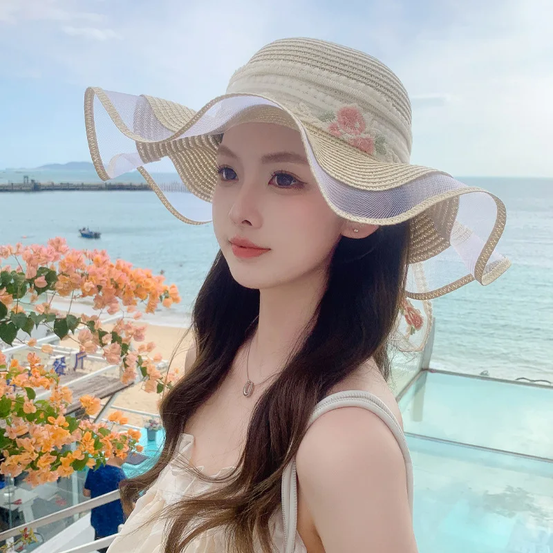 Korean summer new women's hat with ribbon, breathable straw hat for travel, large-brim sun hat for sun protection