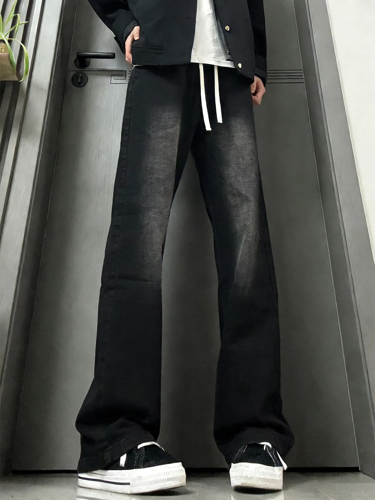 

Bla adient Elastic Waist Fce Lined Straight Leg Dstring Wide Leg Jeans Men's Winter Vintage American Sle Slim Fit