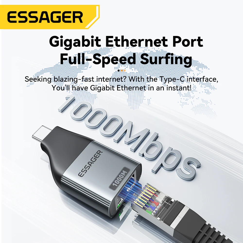 Essager Type-C ถึง Ethernet Adapter 100/1000Mbps Gigabit ความเร็วสูง RJ45 To Type-c Adapter สําหรับ MacBook แล็ปท็อปการ์ดเครือข่ายแบบมีสาย