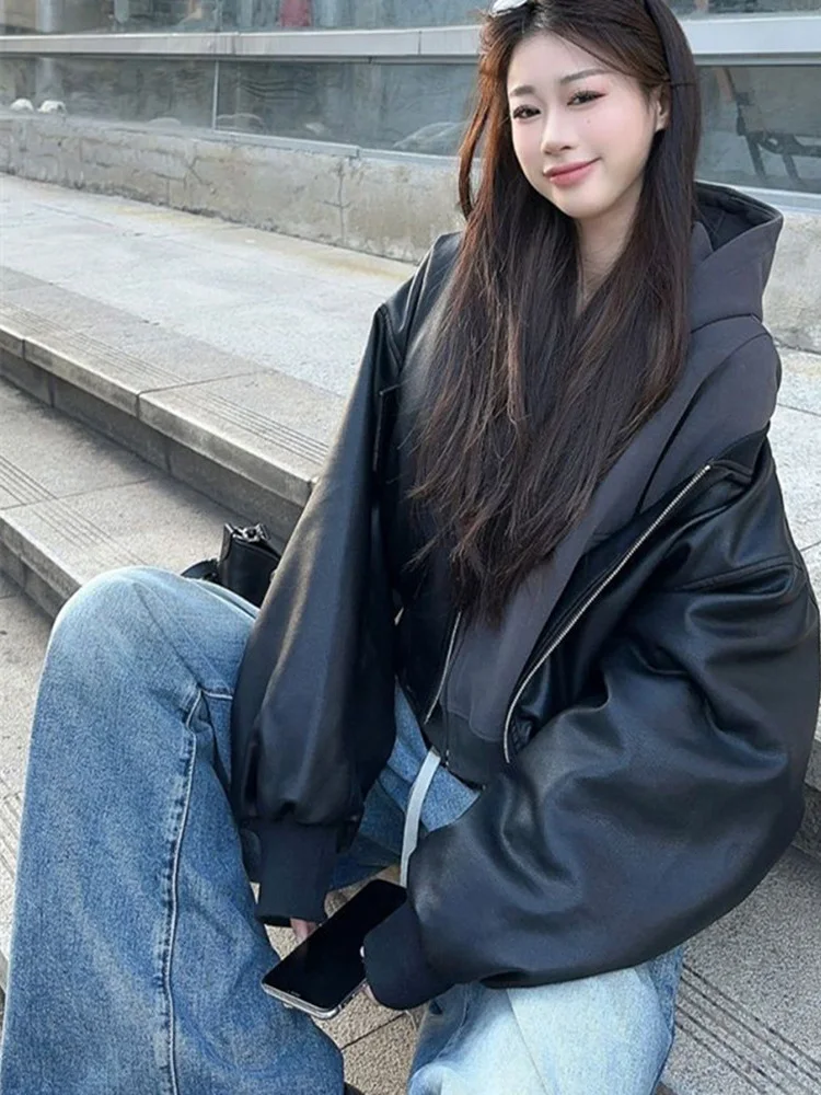 American Sle Retro Bla Jaet Women's Spring Autumn New Hong Kong Sle Small Size oulder Drop Model PU Leather Coat