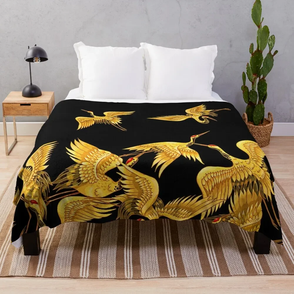 Golden Japanese Cranes Oriental Throw Blanket Hair Bed Stuffeds cosplay anime Blankets