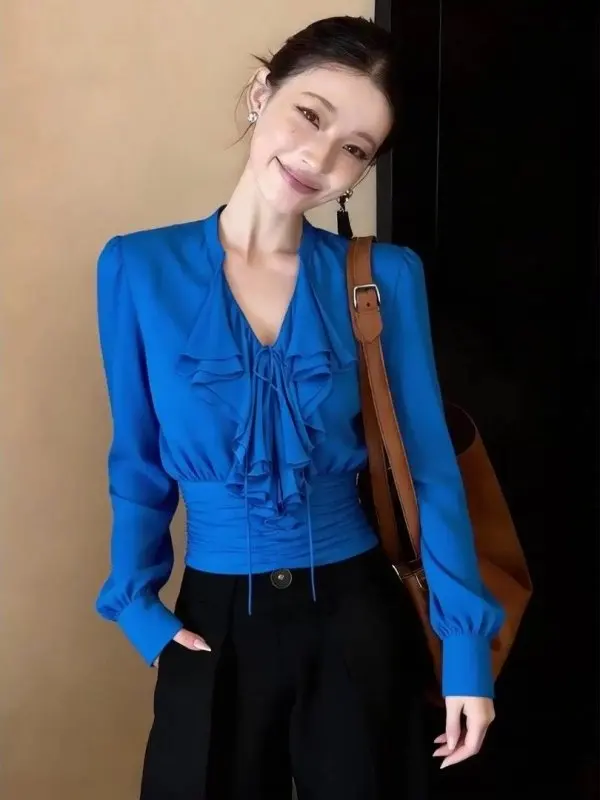 Blue Shirt Women's Elegant Slim Fit Luxury Anti-Aging Beautiful Unique Stylish French Style Long Sleeve V-Neck Regular Length