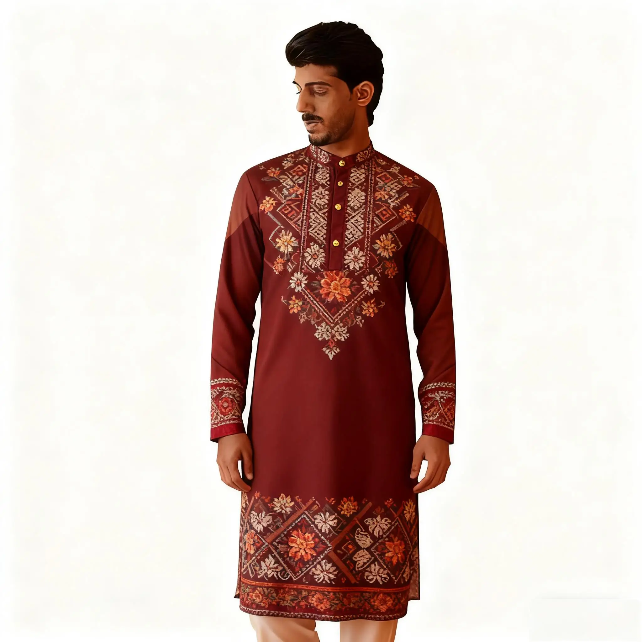 Caftan muçulmano dubai masculino robe de manga comprida estilo étnico 2026 gola roupas árabes dubai marroquino kaftan
