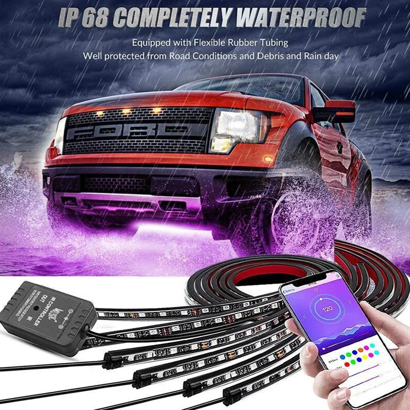 

RGB Car Ambient Light Underglow APP Control Neon Strip Auto Charssis Flexible Waterproof Car Decoration Atmosphere Lamp 12VLED