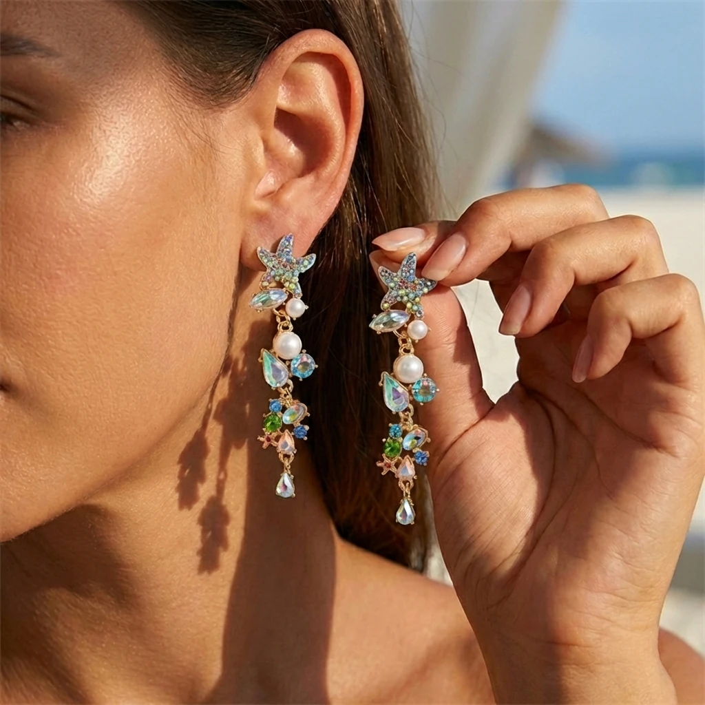 

Boho Starfish Coral Dangle Earring for Women Imitation Pearl Colorful Zircon Long Tassel Drop Earring Summer Beach Ocean Jewelry