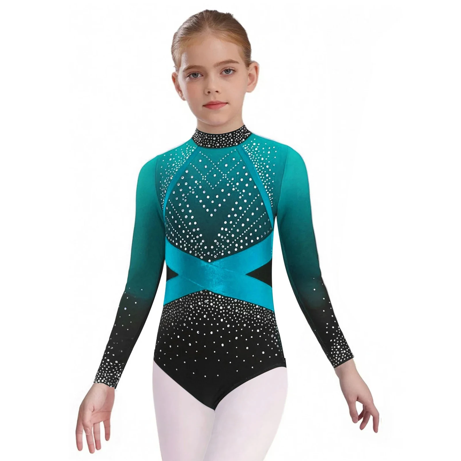 4개/세트 어린이 소녀 체조 요가 발레 댄스 의상 긴 소매 컬러 블록 레오타드와 반바지 레깅스 및 헤드웨어