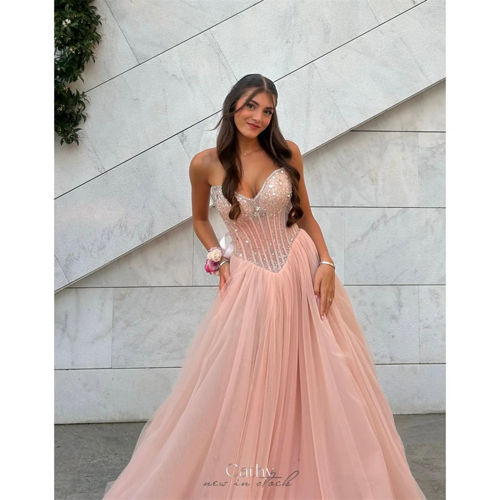 

Cathy Customized Pink Sweetheart Neck Rhinestones Prom Dresses Corset Sleeveless vestidos de noiva A-Line Tulle Formal Evening