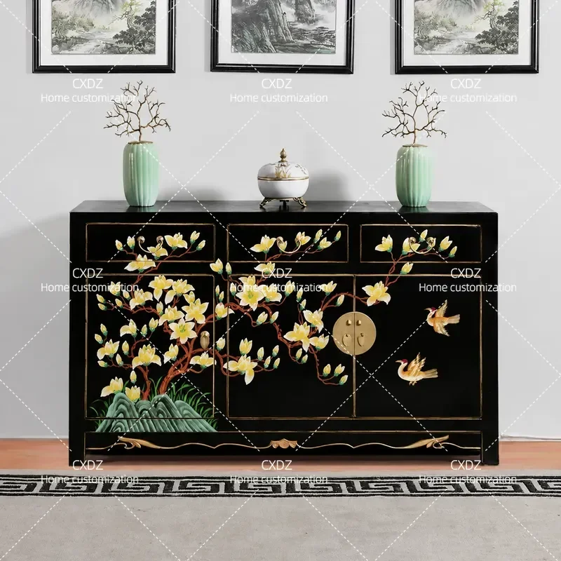 New Chinese Style Solid Wood Antique Side Cabinet Hand Painted Three Door Storage Entrance Shoe Cabinet Living Room