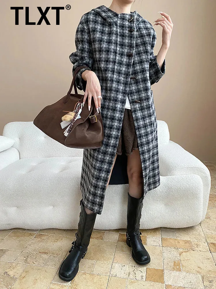 

TLXT Fashion Women's Woolen Coats Hooded Duffle Design Long Sleeve Double-Sided Mid Length Wool Coat Female Winter 2025 New